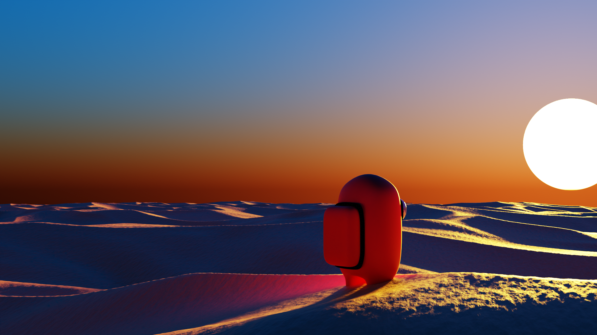 An amoung us figure standing in a desert looking at the sunset