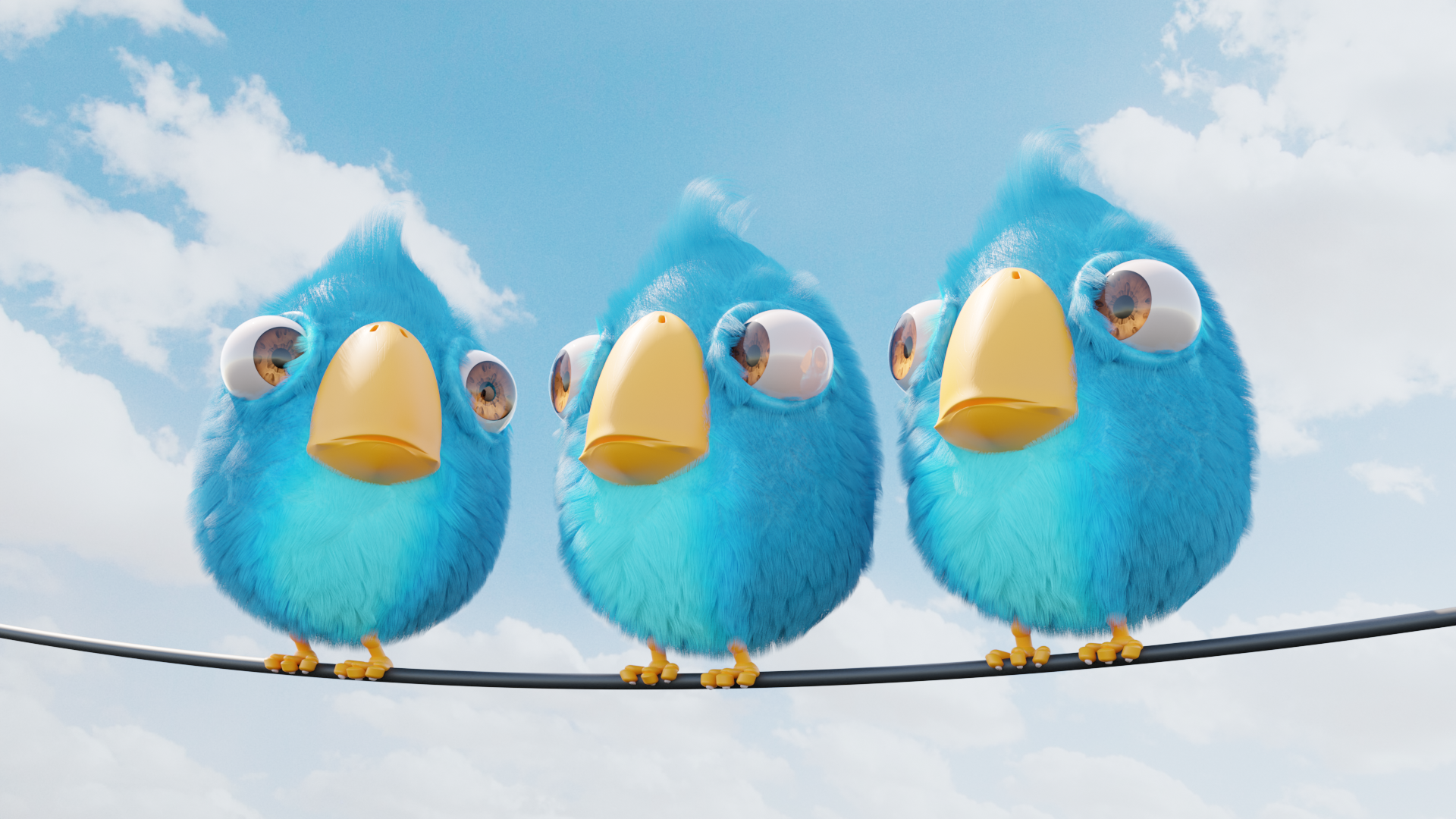 Three fluffy blue birds sitting on a wire