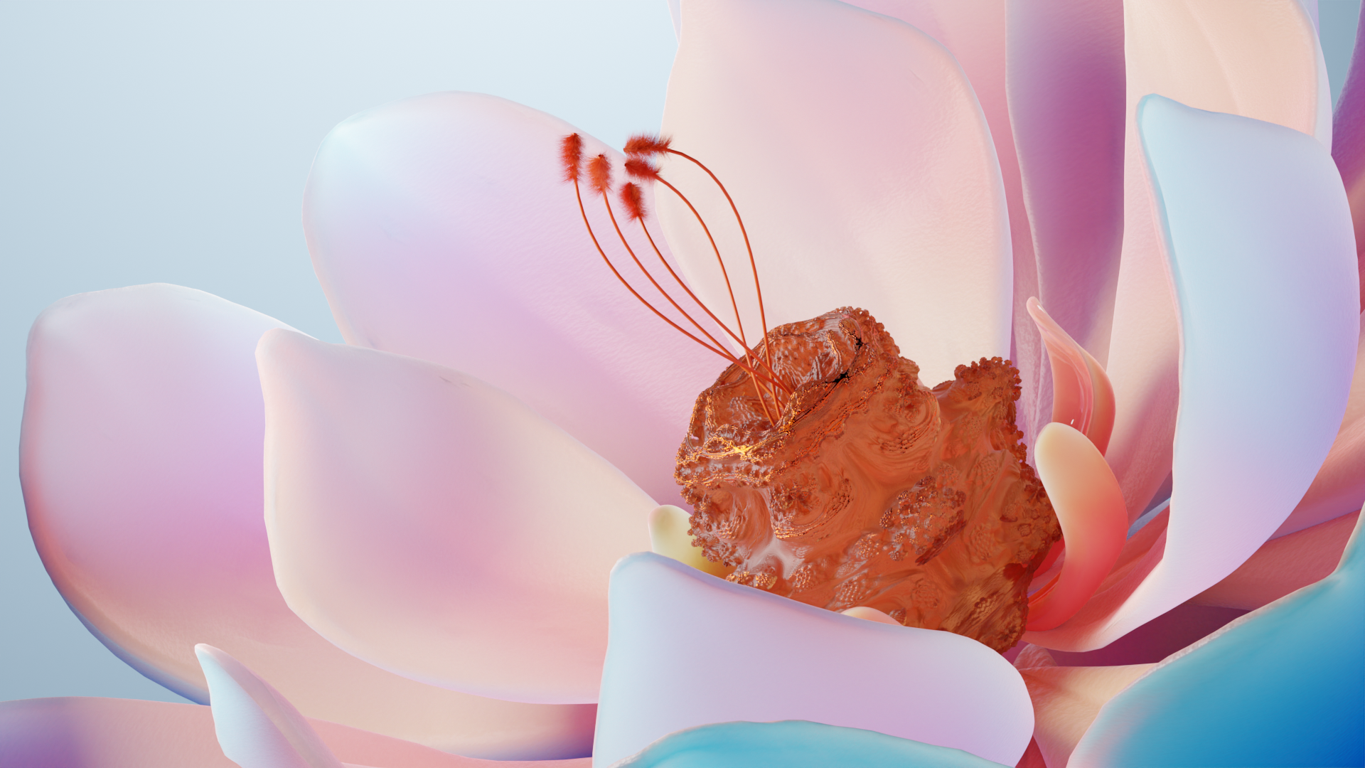 a fractal acting as the flower bud of a nice white ish purpleish flower