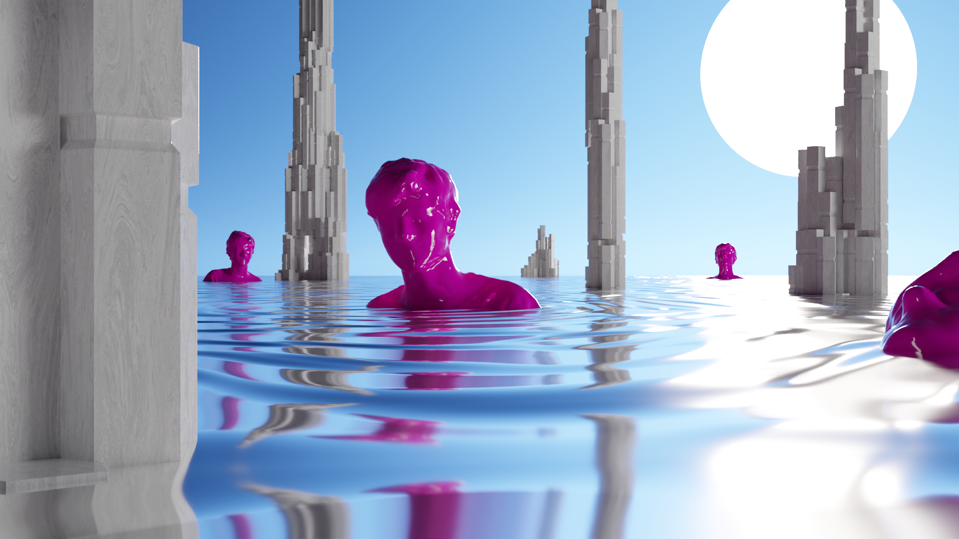 An ocean with quarts towers and hot pink statues of a face