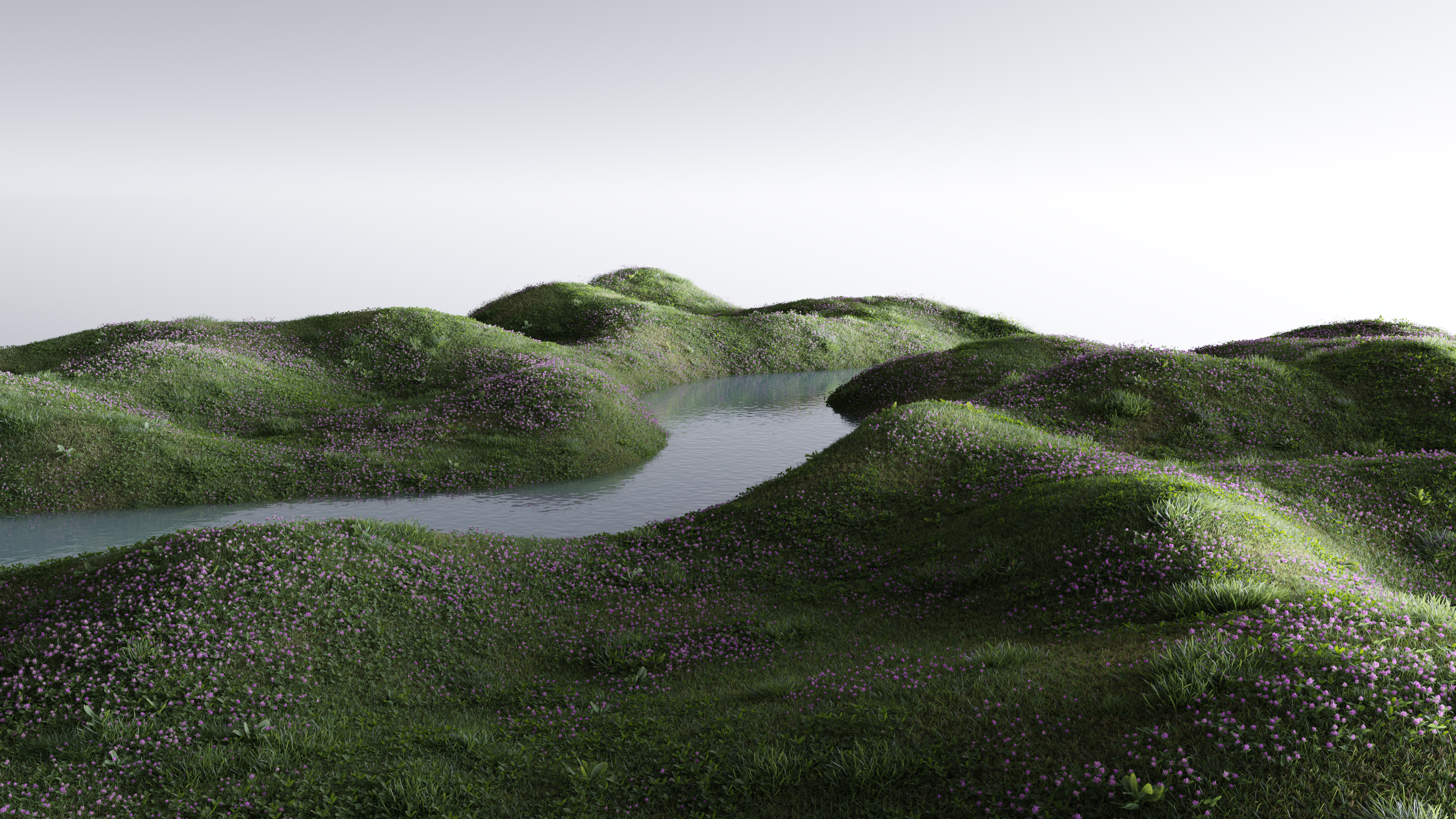 A hilly landscape with flowers and grass and a river running through it