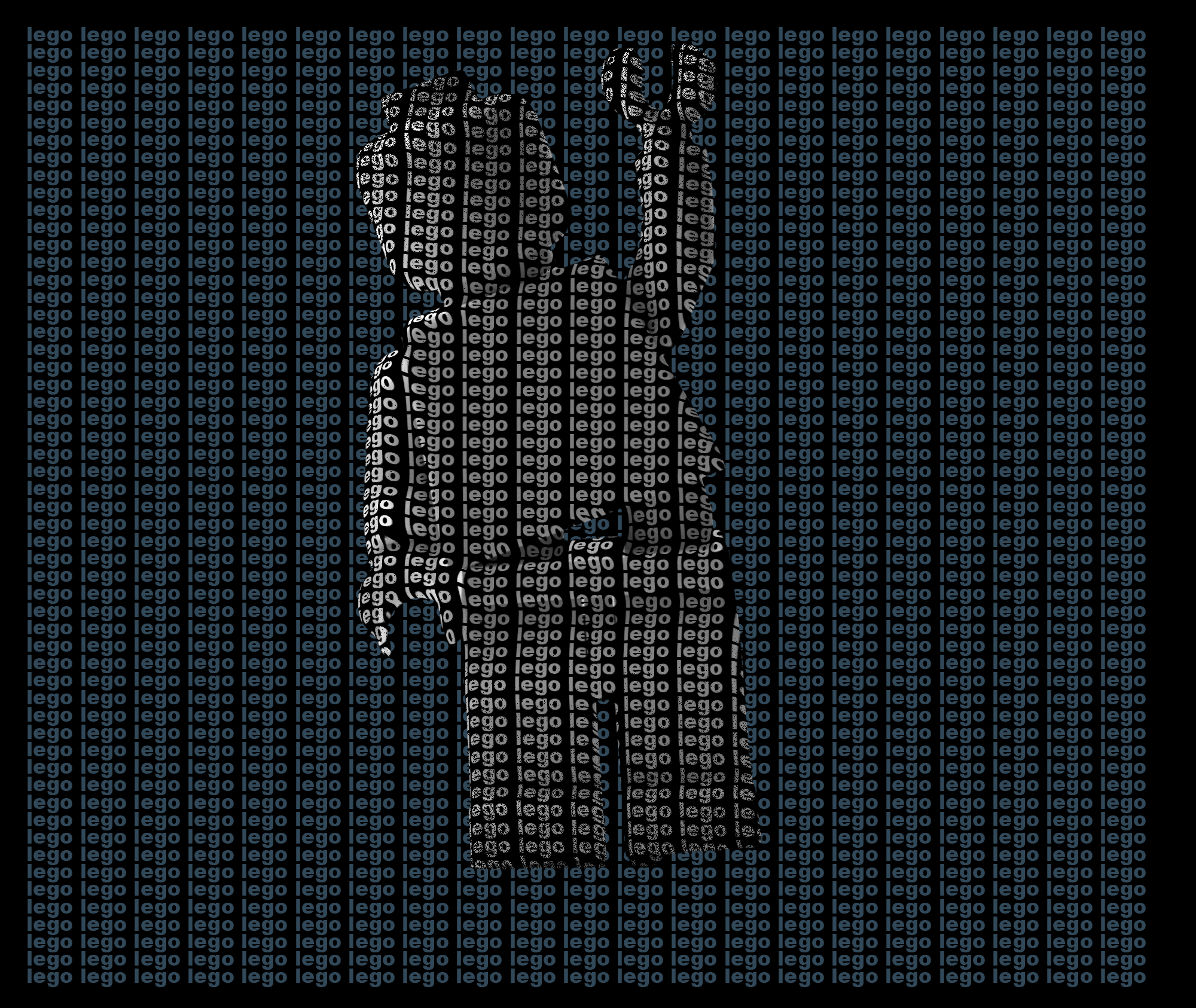 A lego figire made out of a bunch of text the read lego
