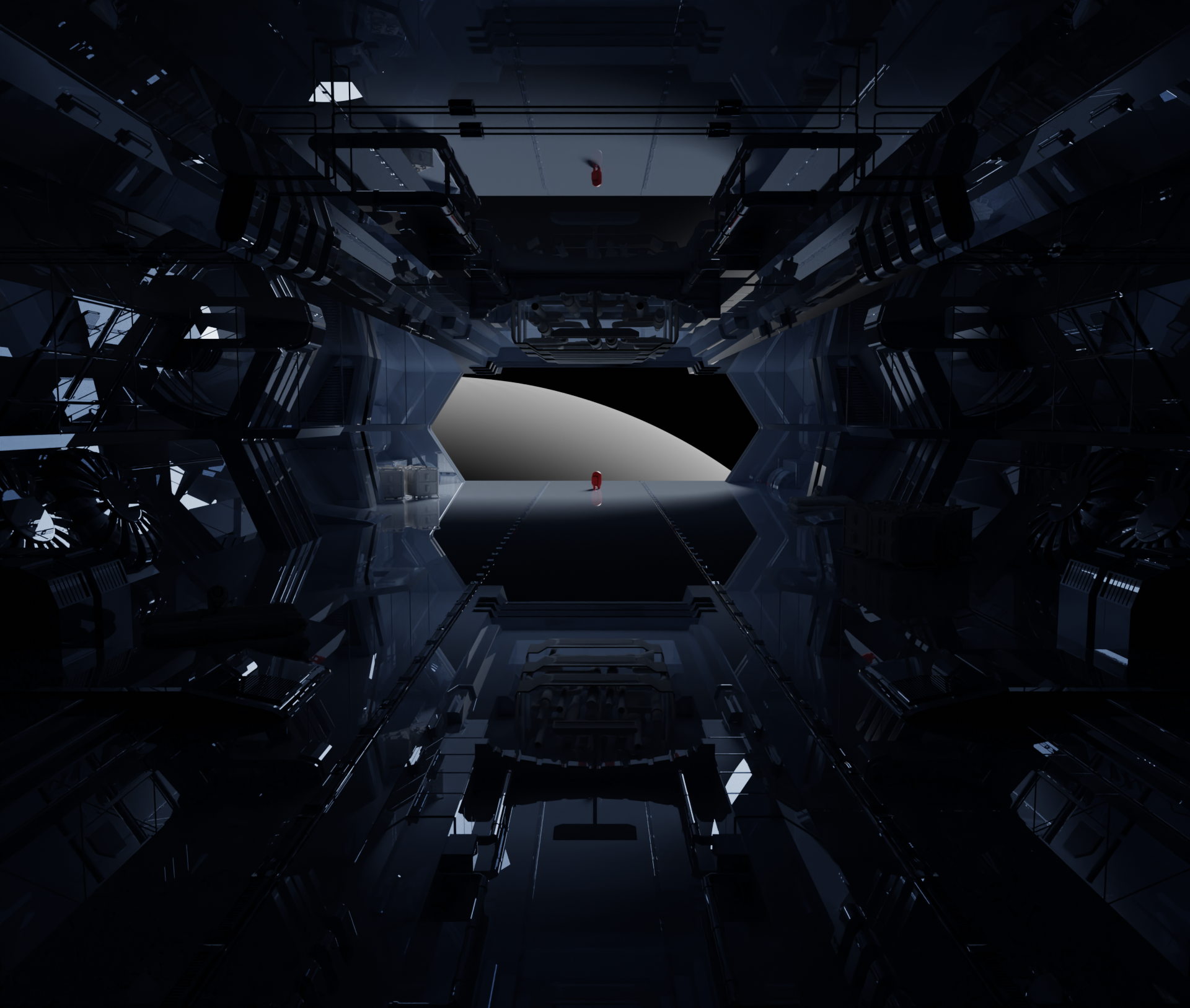 A space ship's hanger looking out on a planet'